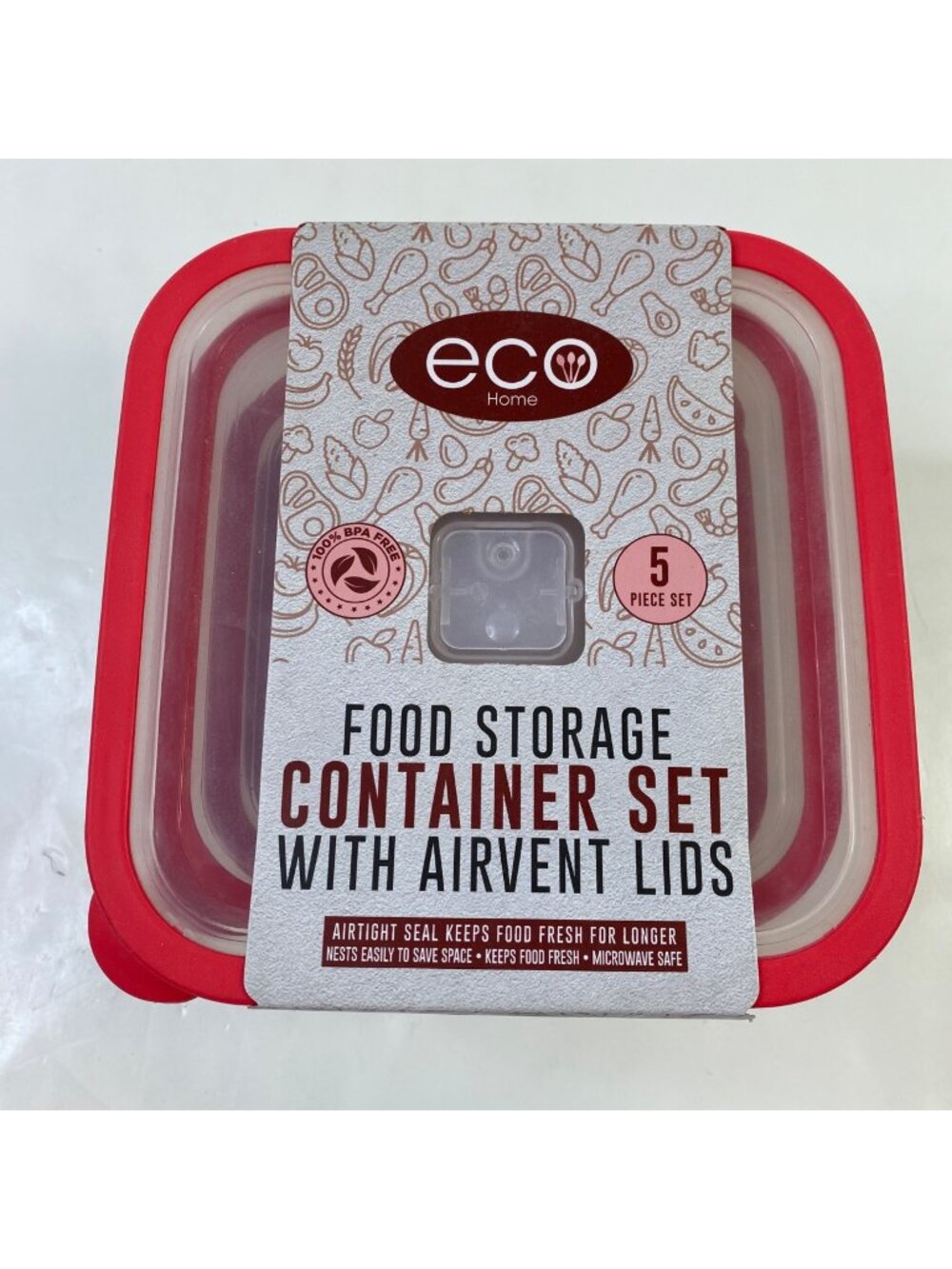 Eco Home 5-Piece Food Storage Container Set Airvent/Airtight Lids BPA Free Red